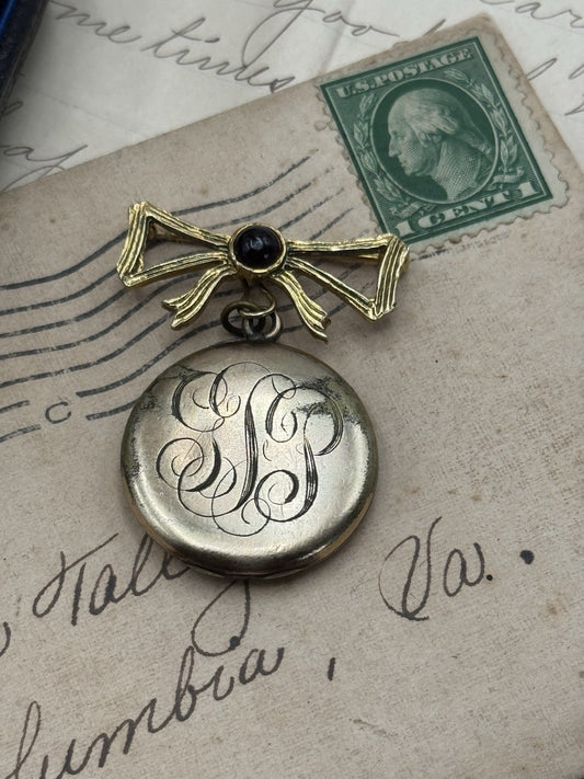 Antique Gold-Filled Locket Monogram w/Bow 925 Pin ESTATE FIND