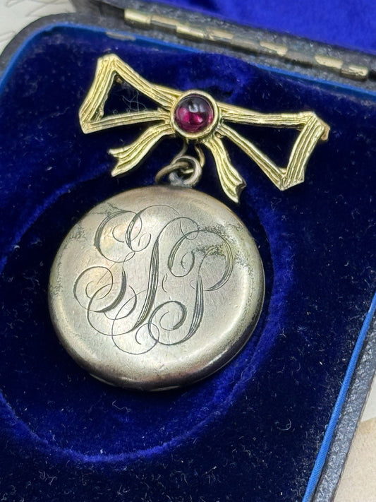 Antique Gold-Filled Locket Monogram w/Bow 925 Pin ESTATE FIND