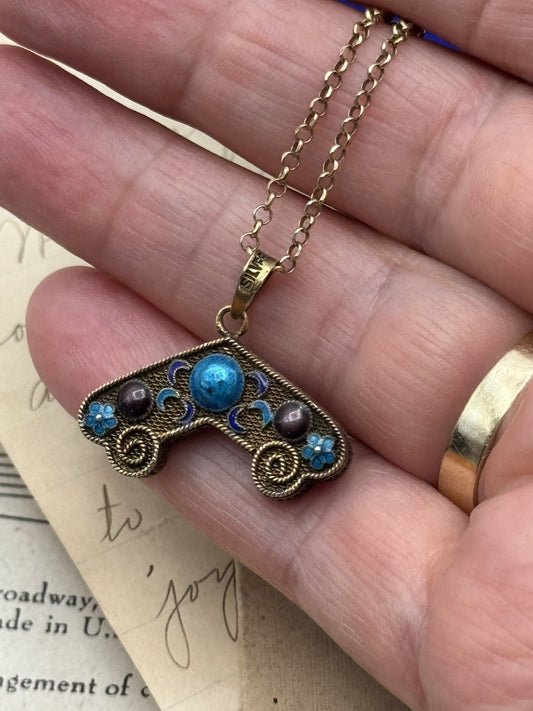 Silver Enameled Antique Gold Tone Charm 925 Gold Plated Necklace 18” Chain