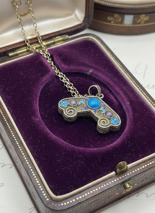 Silver Enameled Antique Gold Tone Charm 925 Gold Plated Necklace 18” Chain