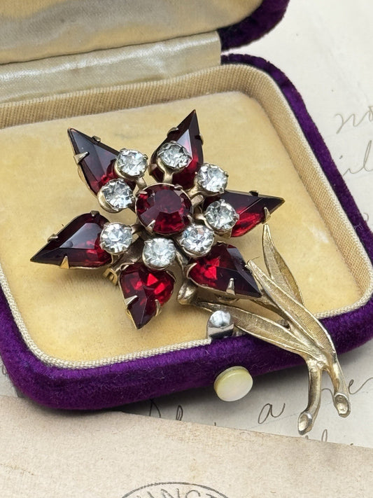 Vintage Rhinestone Flower Brooch Dark Red & Clear Rhinestones Goldtone