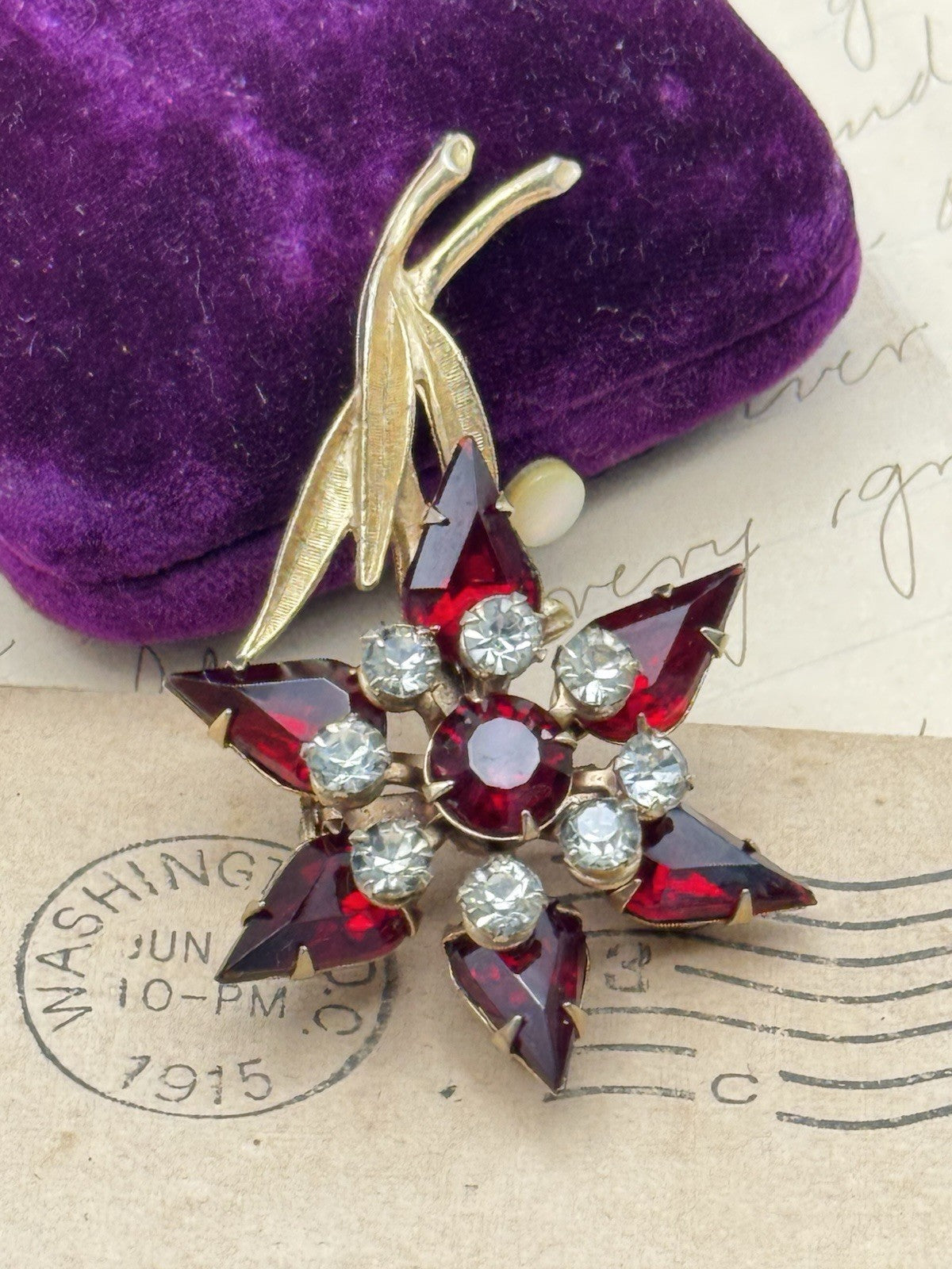 Vintage Rhinestone Flower Brooch Dark Red & Clear Rhinestones Goldtone