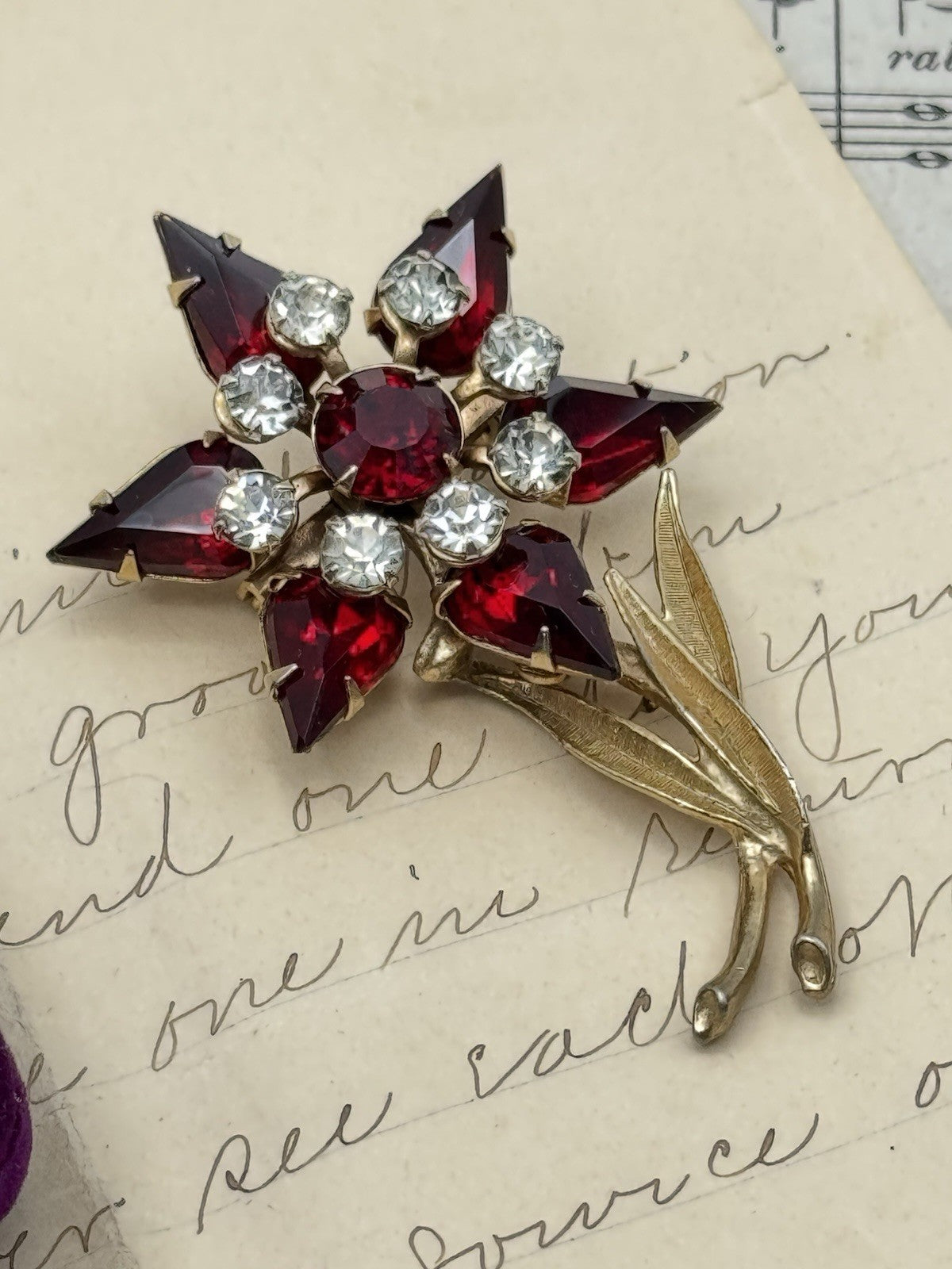 Vintage Rhinestone Flower Brooch Dark Red & Clear Rhinestones Goldtone