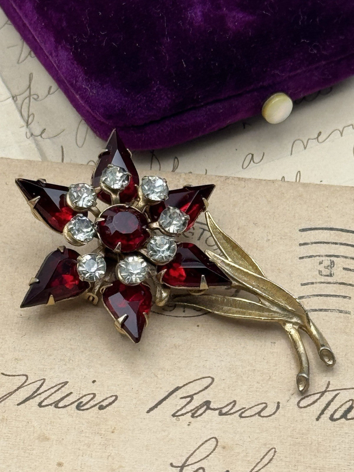 Vintage Rhinestone Flower Brooch Dark Red & Clear Rhinestones Goldtone