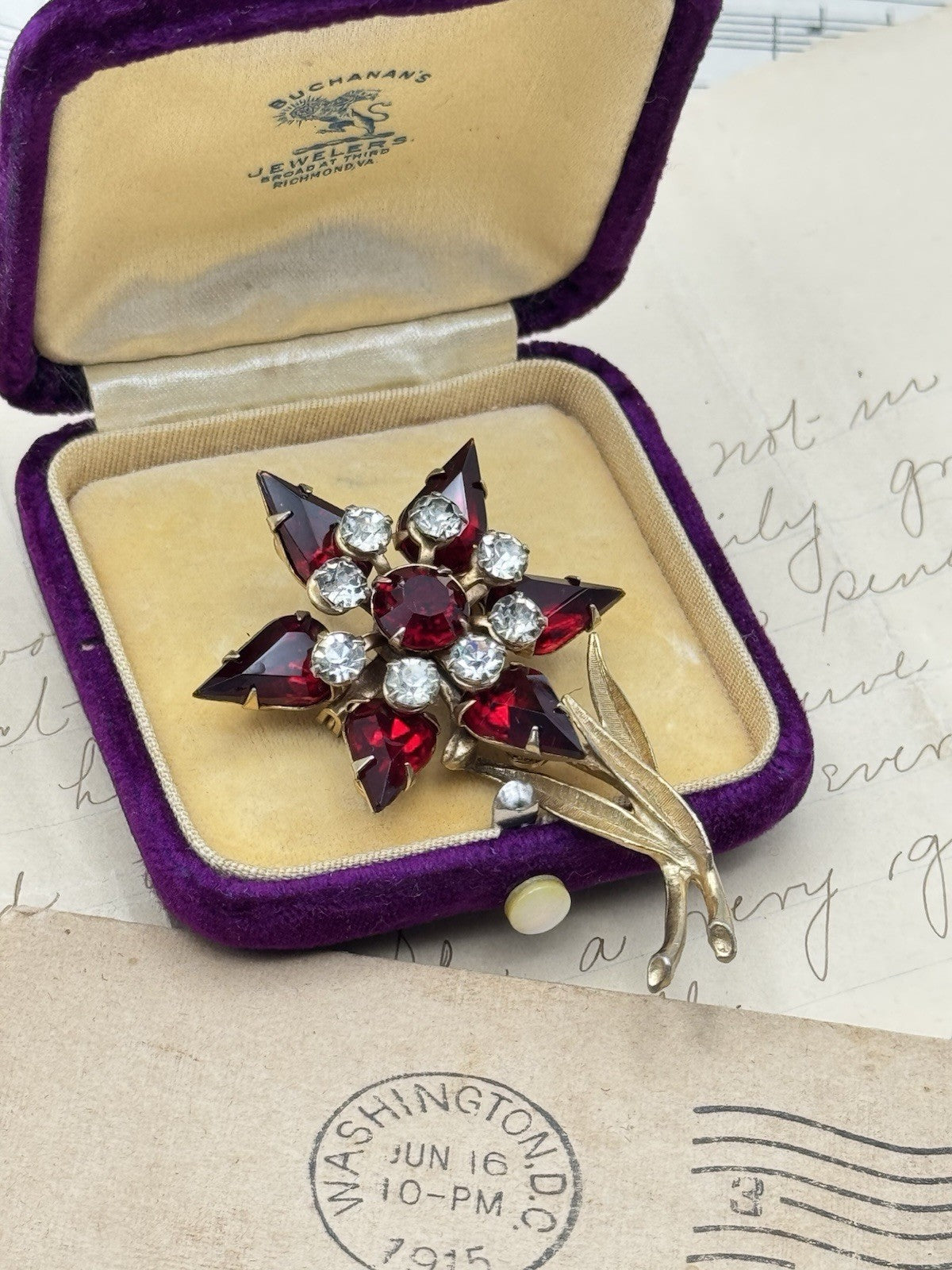 Vintage Rhinestone Flower Brooch Dark Red & Clear Rhinestones Goldtone