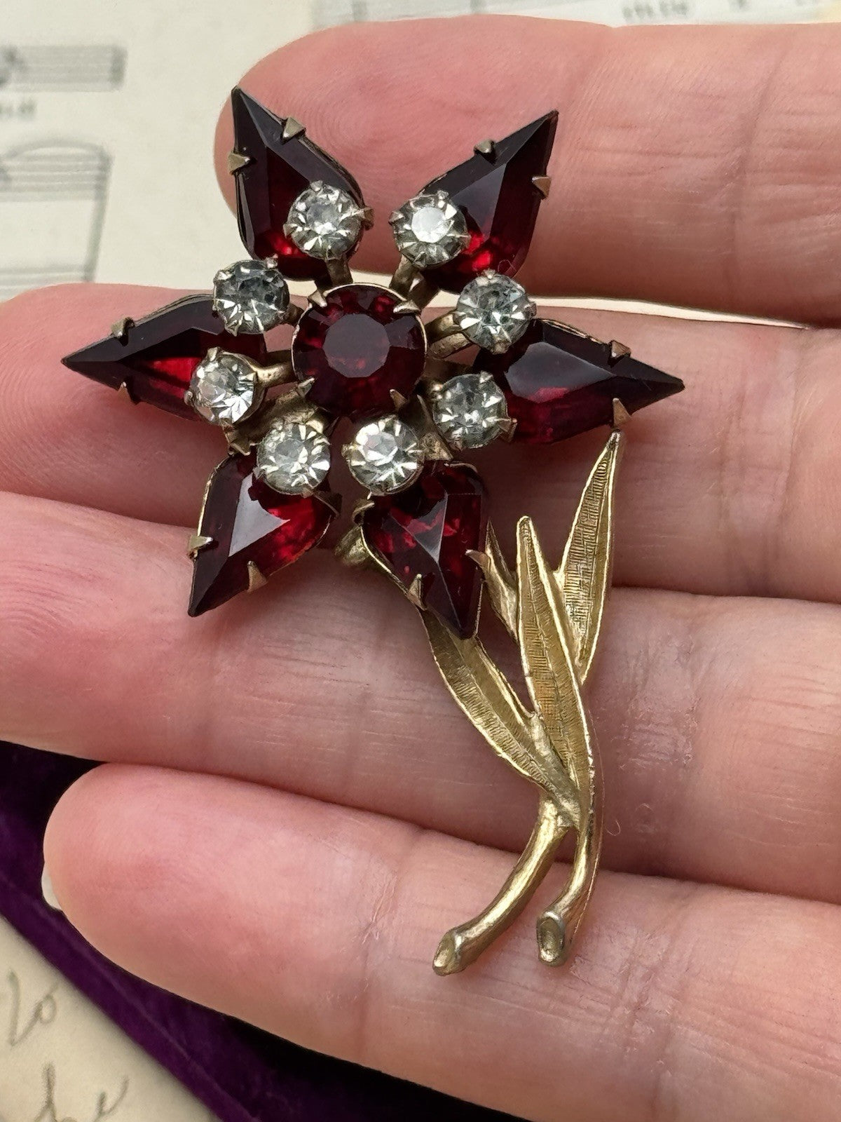 Vintage Rhinestone Flower Brooch Dark Red & Clear Rhinestones Goldtone
