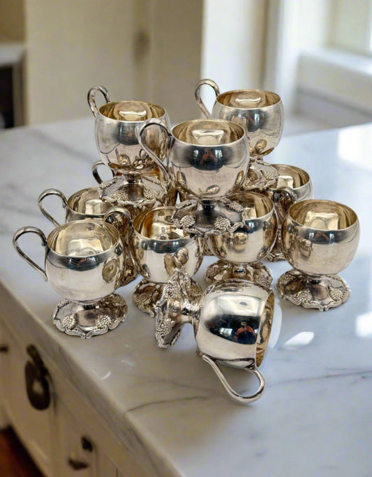 Vintage - 12 Silverplate Handled Punchbowl Cups Repousse Pattern on Feet