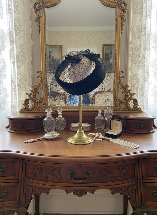 Vintage Black Satin Velvet Bow Veil HAT FACINATOR Open Crown 7” Hat Rim