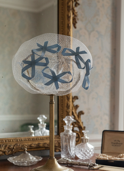 1960s Glamour Veil Powder Blue Bows Ca.10”