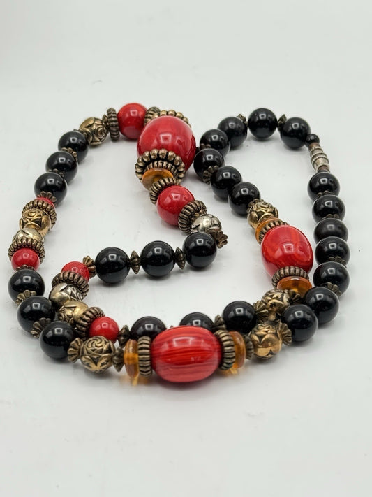VINTAGE Mixed Media Bead Necklace Black Red Bronze Tones 25”l