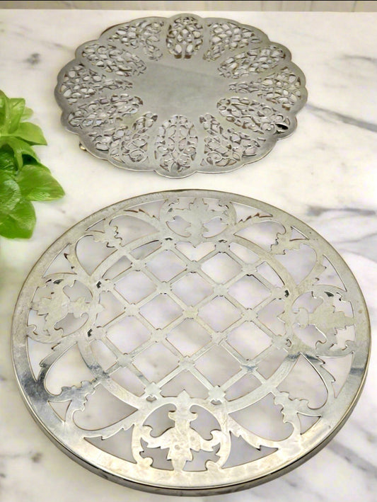 VINTAGE Set of 2  Silverplate Trivets Reticulated ESTATE FIND 7” & 6.5”