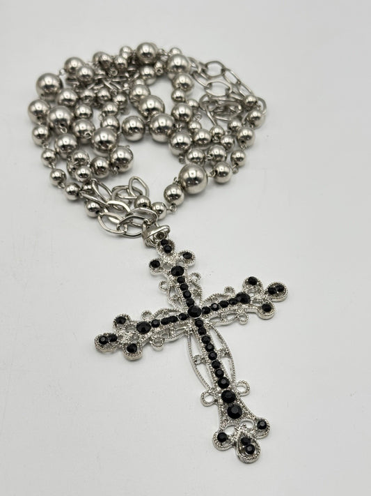 Vintage Large Cross Black Rhinestone 60” Silvertone Chain Necklace ESTATE FIND