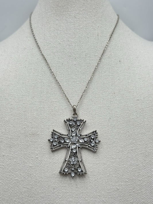 Vintage Cross Clear Rhinestone Silvertone Pendant on 18” Chain