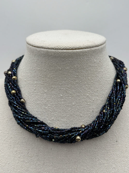 Vintage Midnight Blue Beaded Choker Necklace Goldtone Accents 15”l