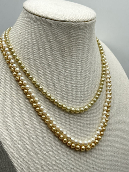 Lot Of 3 Faux Pearl Necklaces VINTAGE Green White Goldtone 15”-18”l ESTATE FIND