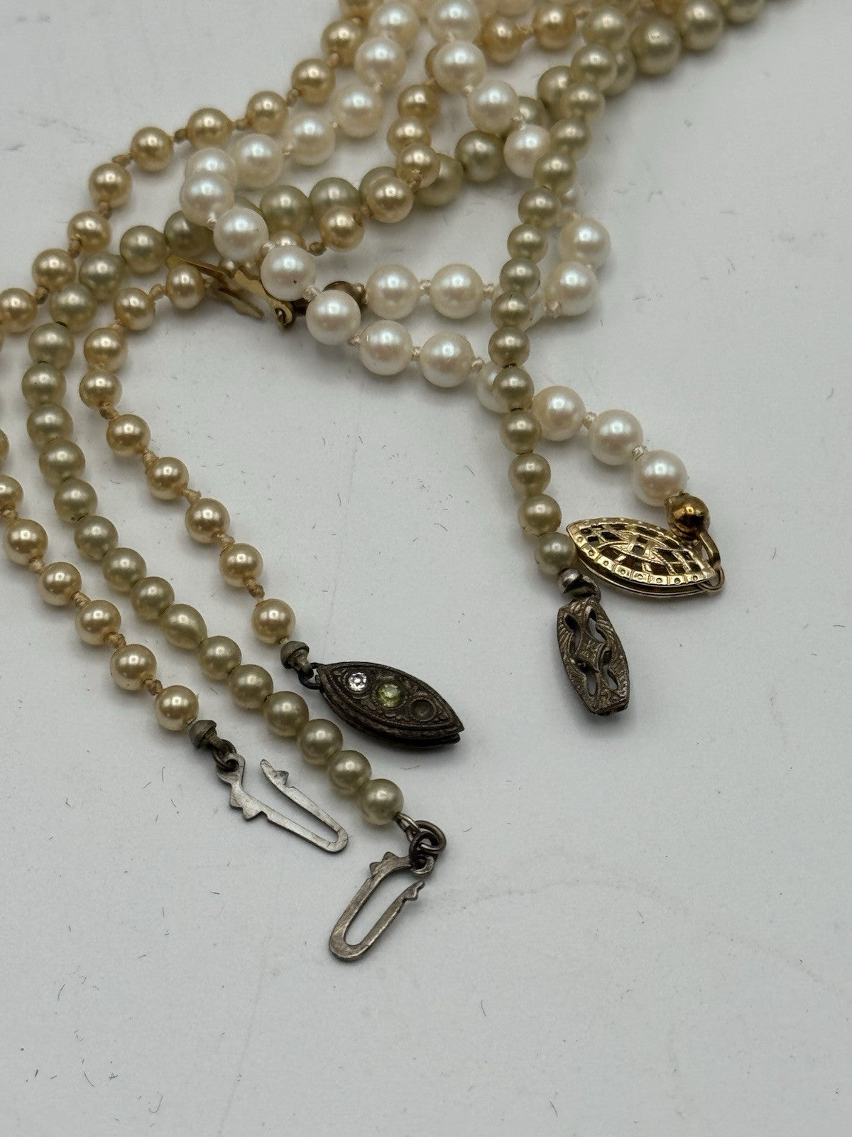 Lot Of 3 Faux Pearl Necklaces VINTAGE Green White Goldtone 15”-18”l ESTATE FIND