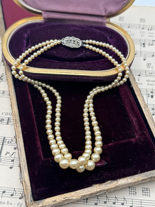 Vintage ART DECO Signed Marvella Faux Pearl Necklace Double Strand Goldtone 14.5”