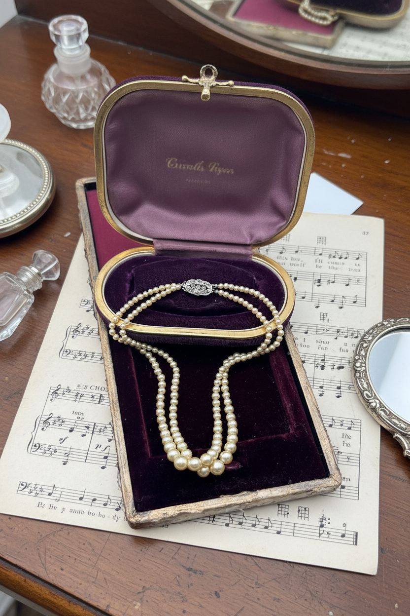 Vintage ART DECO Signed Marvella Faux Pearl Necklace Double Strand Goldtone 14.5”