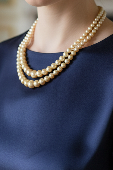 Vintage ART DECO Signed Marvella Faux Pearl Necklace Double Strand Goldtone 14.5”