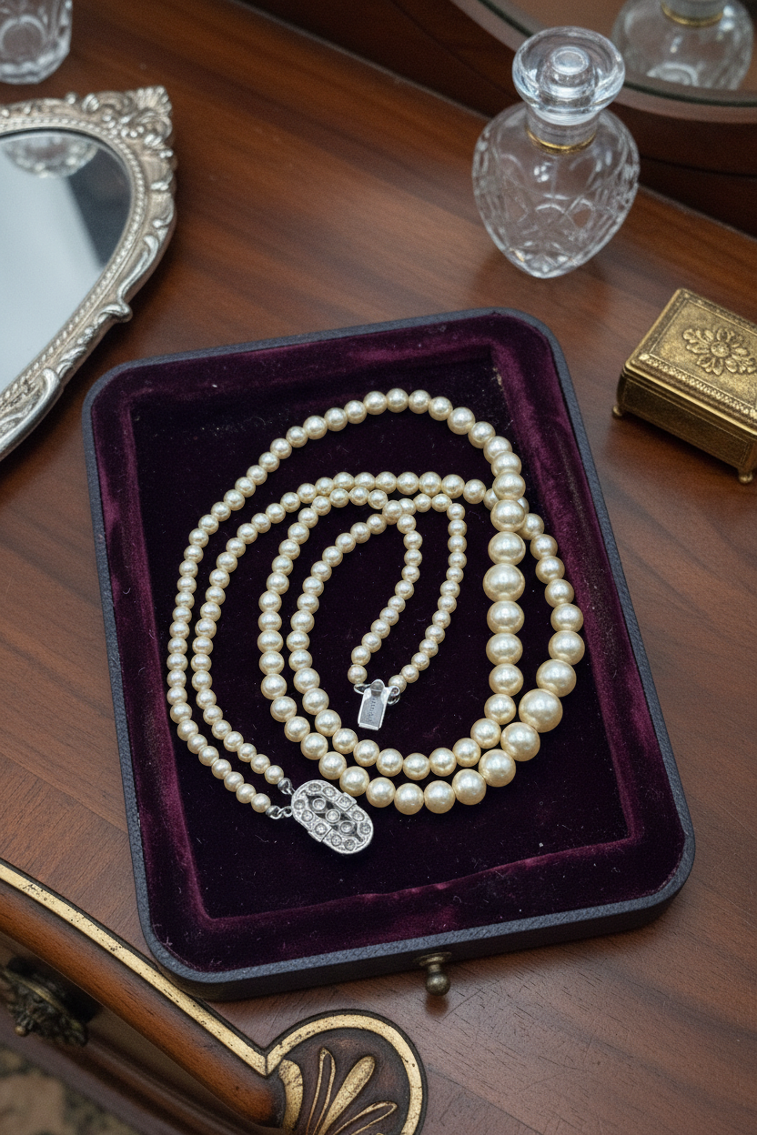 Vintage ART DECO Signed Marvella Faux Pearl Necklace Double Strand Goldtone 14.5”