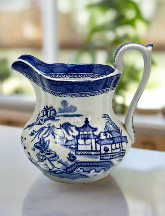 Vintage Blue & White Pagoda Pattern Jug Pitcher 6.25”h ESTATE FIND