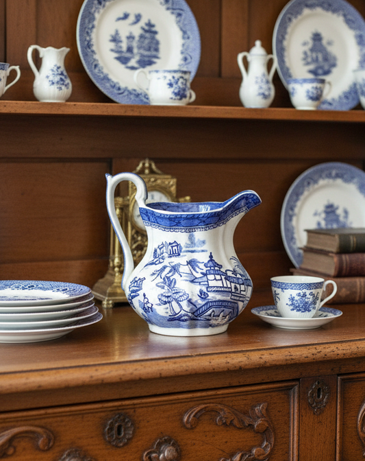 Vintage Blue & White Pagoda Pattern Jug Pitcher 6.25”h ESTATE FIND