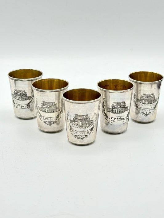 RARE 5 Soviet Armenian 875 Silver Vodka Cups AA9 Star Yerevan Opera 1955 Gilt