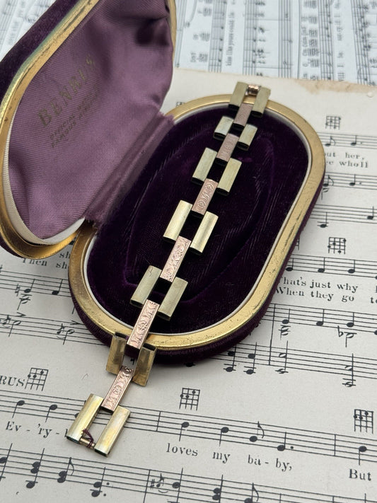 Vintage Art Deco 12k Gold Filled Link Bracelet 6.5”l X 0.6”w Geometric Design