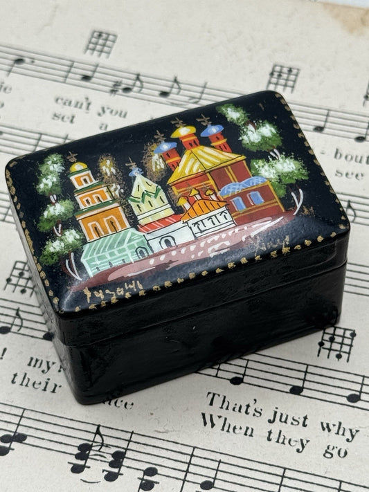 Vintage Russian Style Hand Painted Trinket Box SIGNED 2.25” X 1.5” X 1.25”