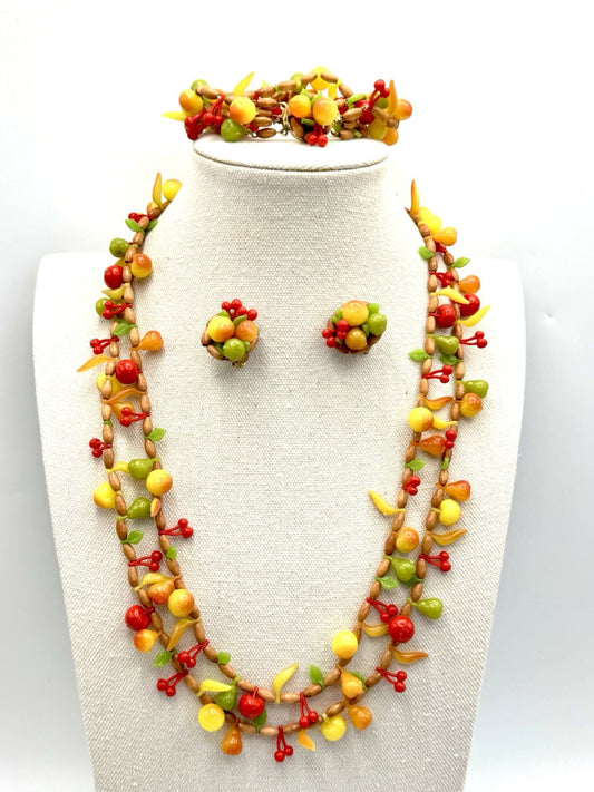 Vintage West Germany Plastic Fruit Jewelry Set Necklace Bracelet Earrings