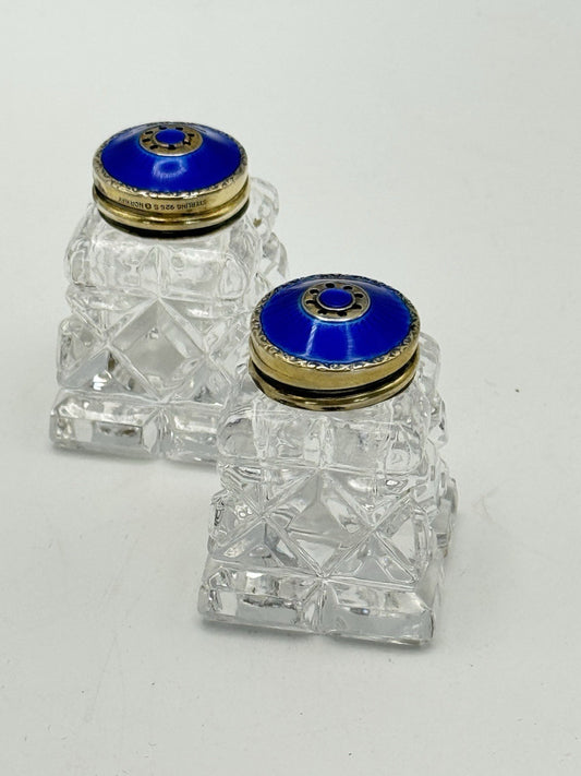 VTG Crystal Guilloché Royal Blue Lids Pepper & Salt Shaker 925 NORWAY