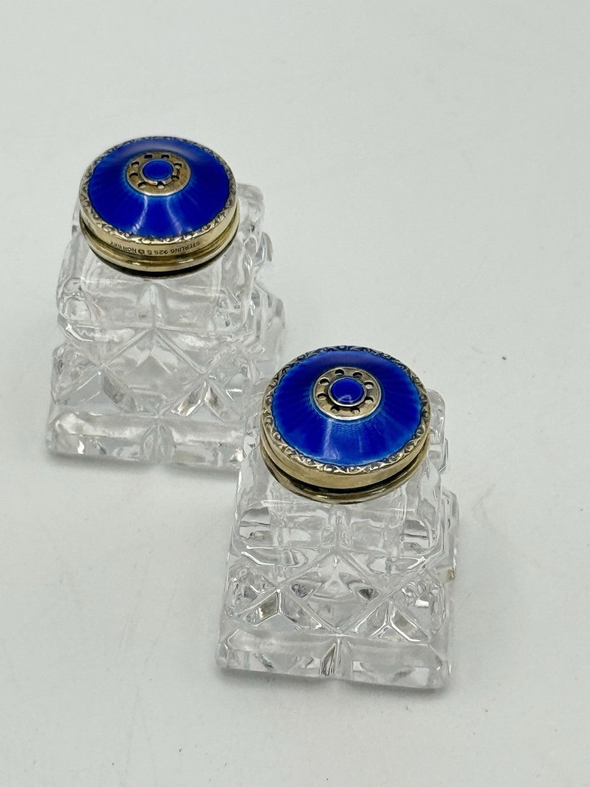 VTG Crystal Guilloché Royal Blue Lids Pepper & Salt Shaker 925 NORWAY