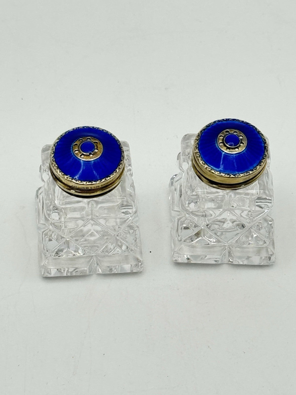 VTG Crystal Guilloché Royal Blue Lids Pepper & Salt Shaker 925 NORWAY