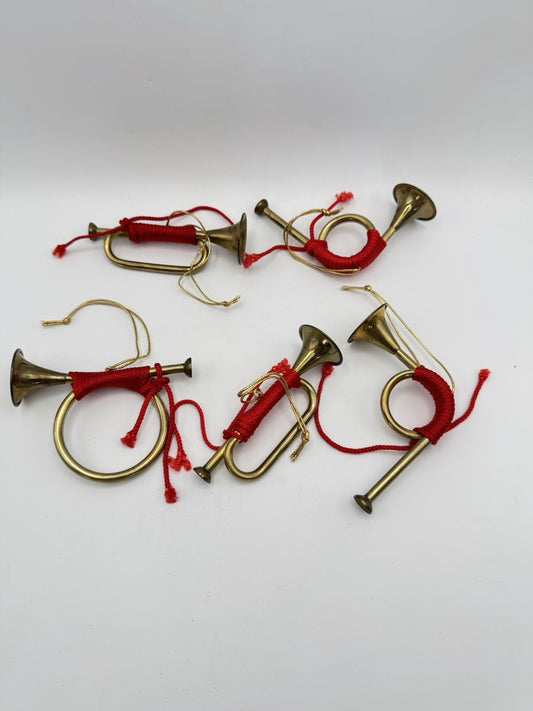 Set 5 Vintage Brass Horn Christmas Ornaments Each 4-5”l ESTATE FIND