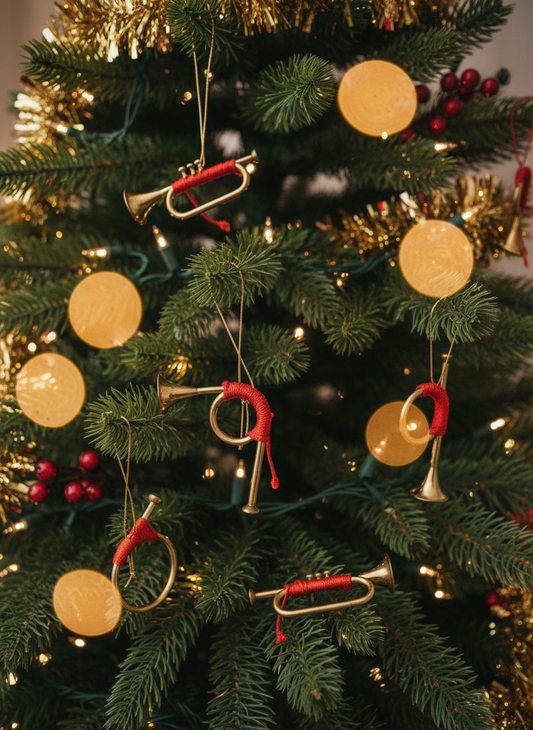 Set 5 Vintage Brass Horn Christmas Ornaments Each 4-5”l ESTATE FIND