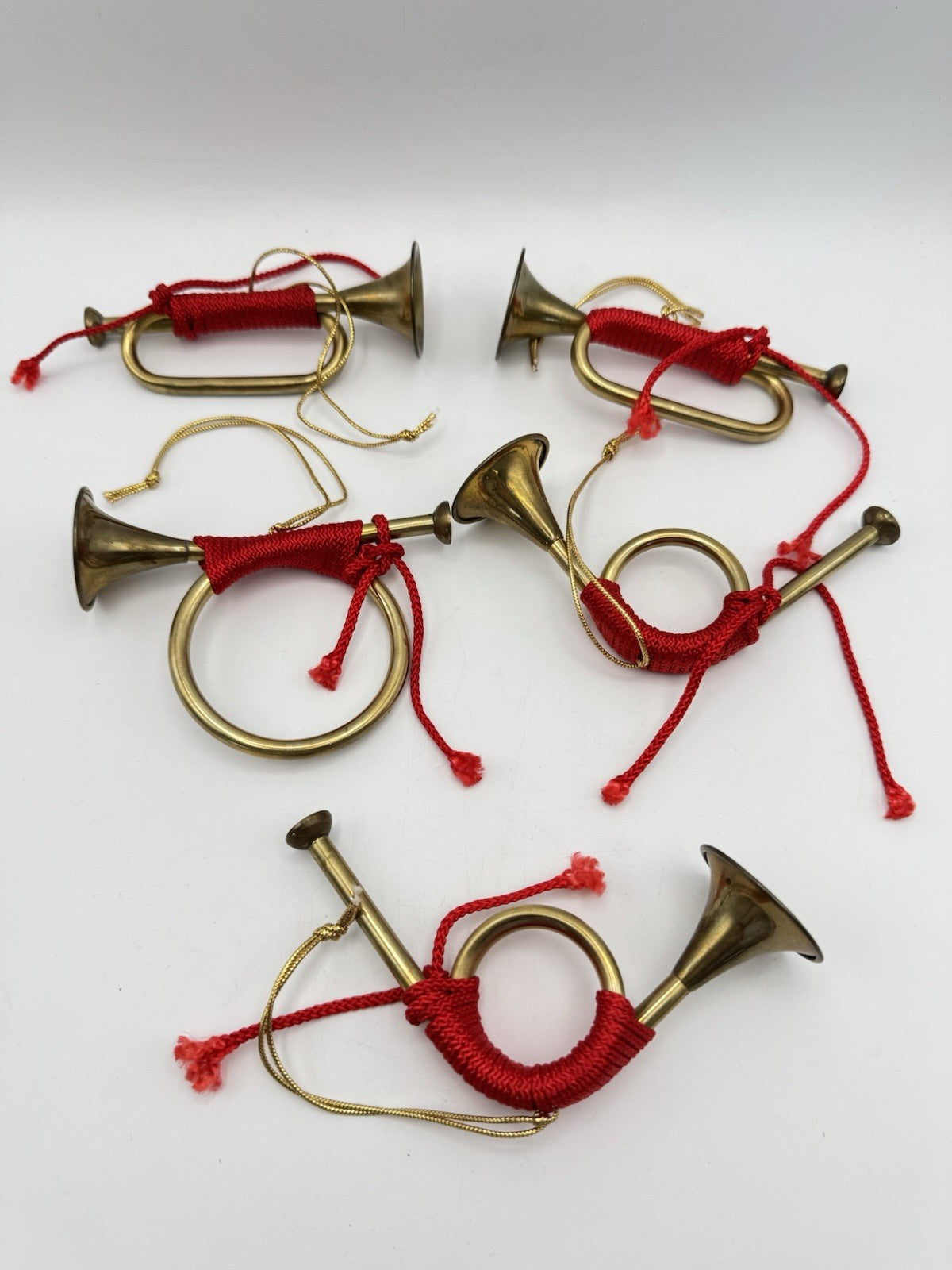 Set 5 Vintage Brass Horn Christmas Ornaments Each 4-5”l ESTATE FIND