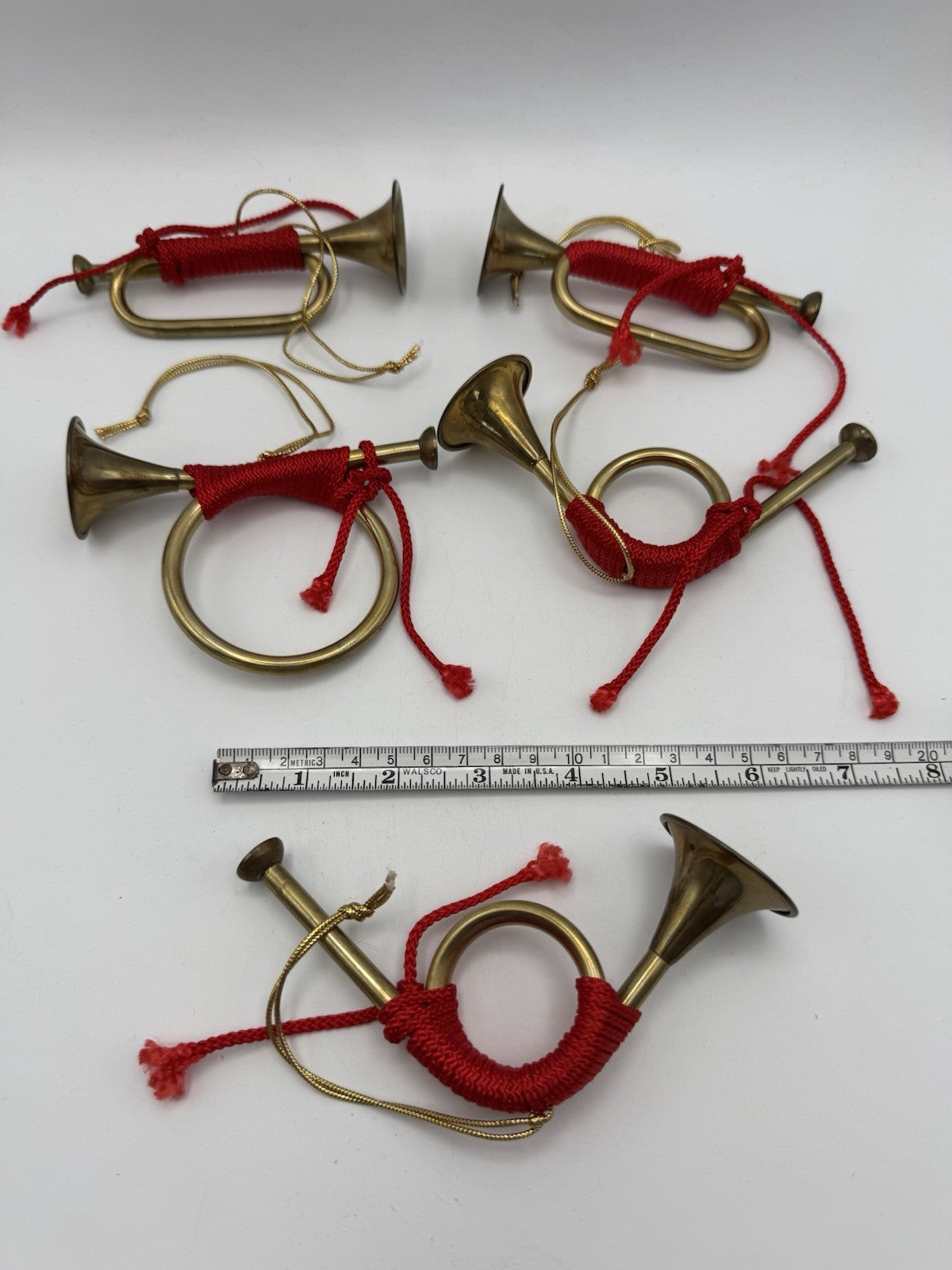 Set 5 Vintage Brass Horn Christmas Ornaments Each 4-5”l ESTATE FIND