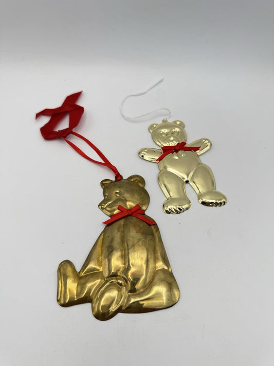 2 Brass Tone Teddy Bear Ornaments Large 4.25”h Small 4”h