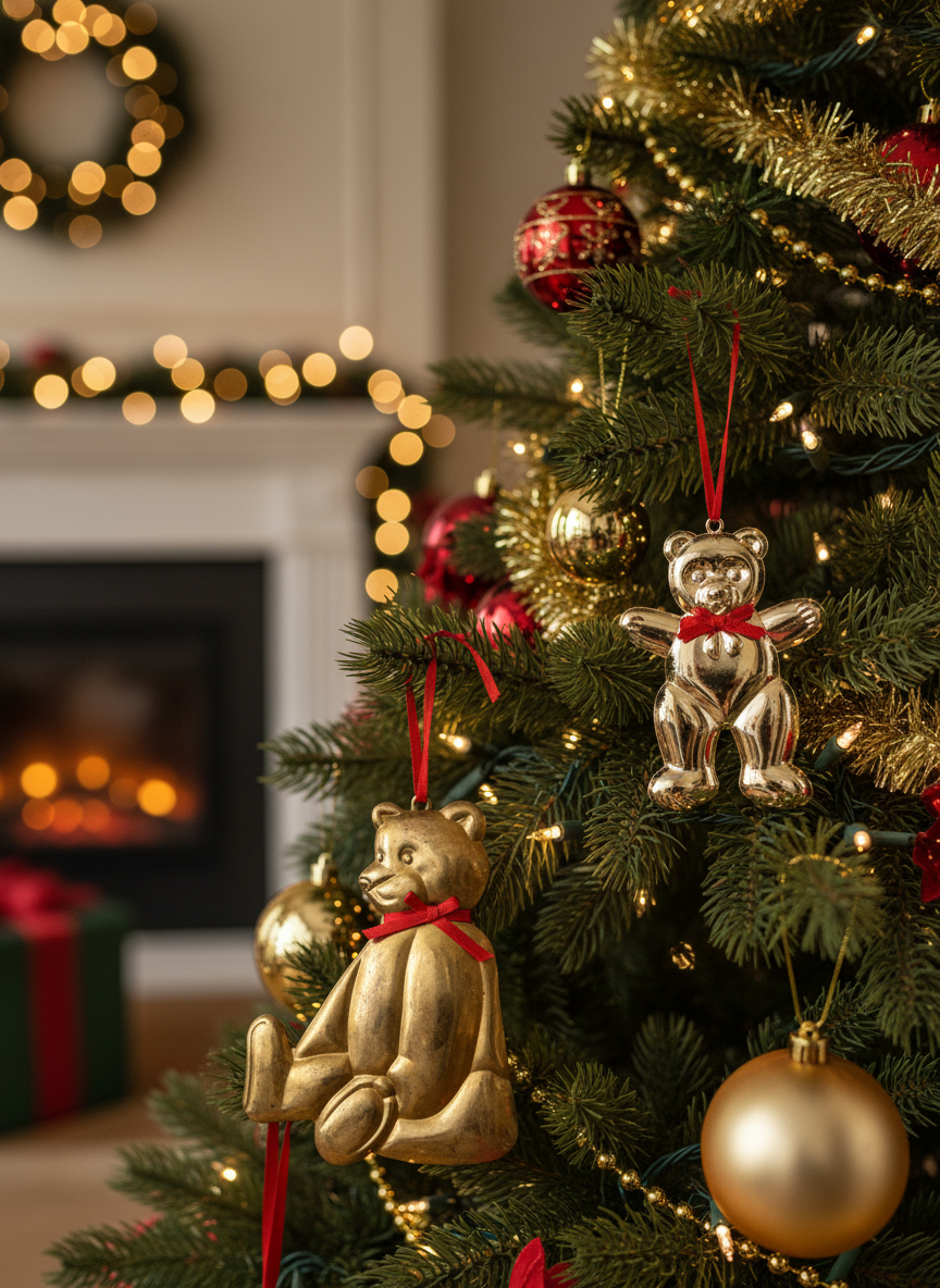 2 Brass Tone Teddy Bear Ornaments Large 4.25”h Small 4”h