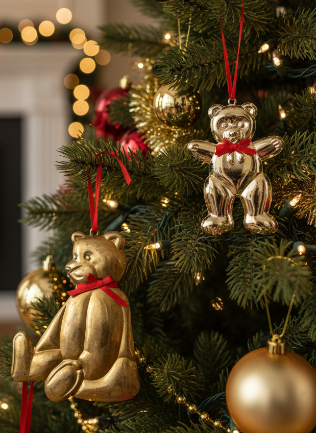 2 Brass Tone Teddy Bear Ornaments Large 4.25”h Small 4”h