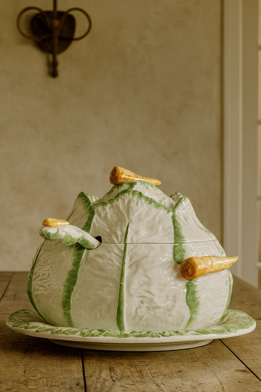 VINTAGE Italian Majolica Cabbage Tureen Set Carrot Handles Platter Ladle RARE