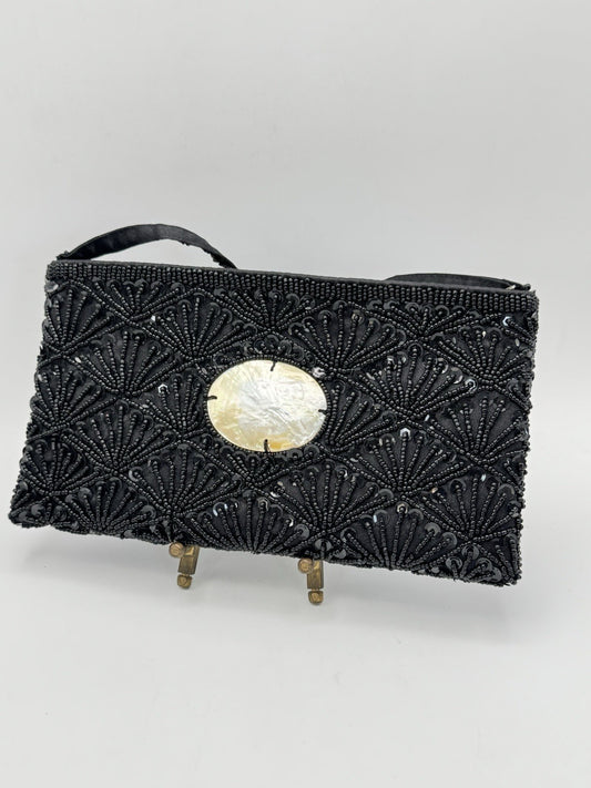 Vintage 80s Beaded Black Clutch MOP Accent Small Strap  ESTATE FIND