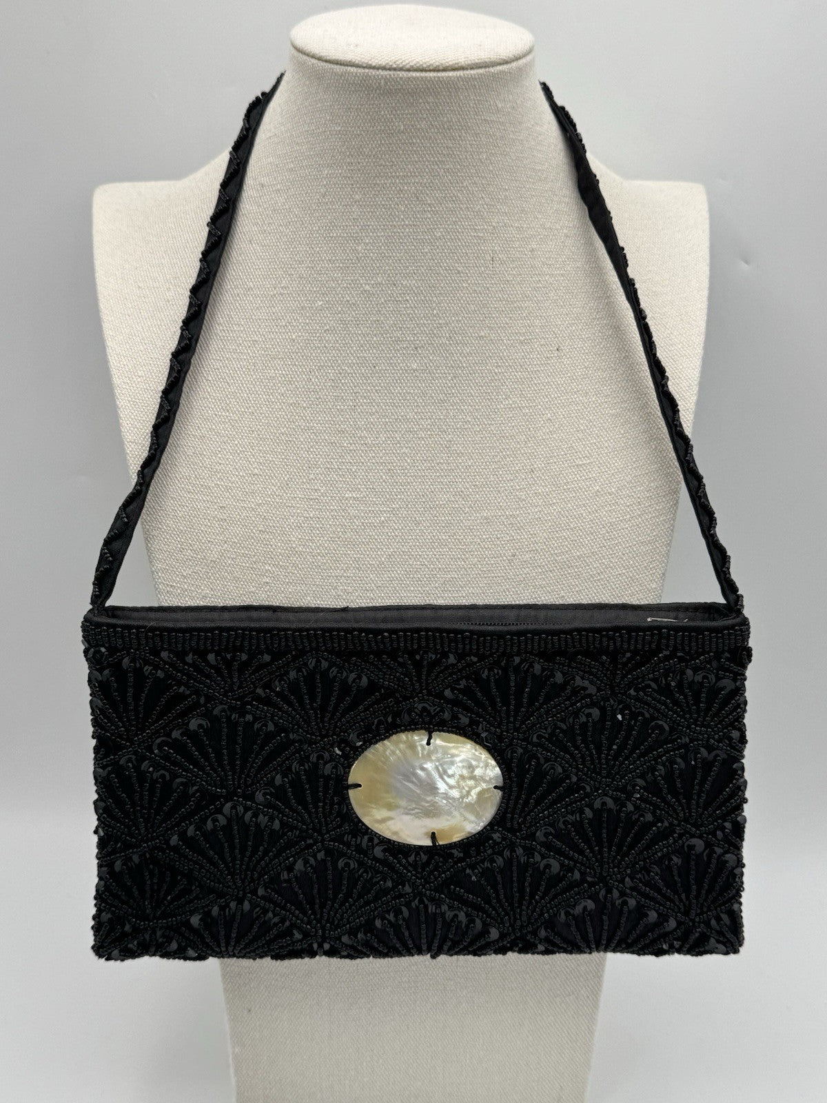Vintage 80s Beaded Black Clutch MOP Accent Small Strap  ESTATE FIND
