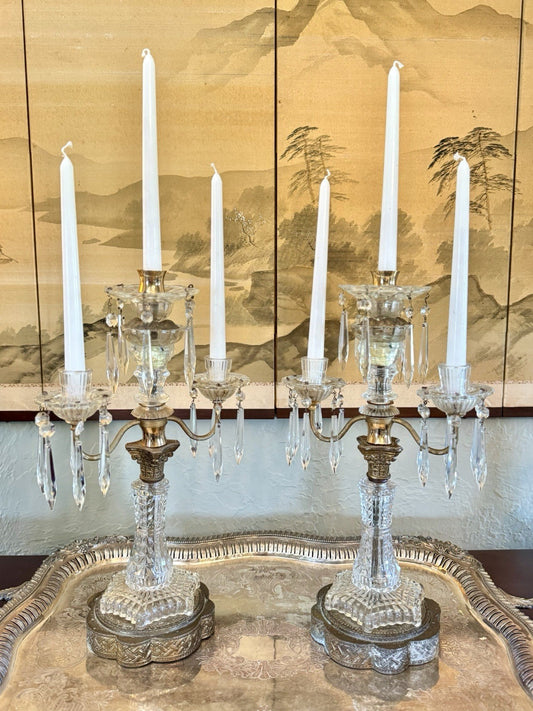 Vintage Antique Style Crystal Brass 3 Flame Candlabra Pair Dark Academia 17.25”h