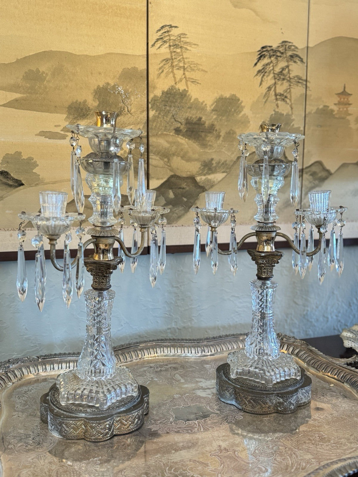 Vintage Antique Style Crystal Brass 3 Flame Candlabra Pair Dark Academia 17.25”h