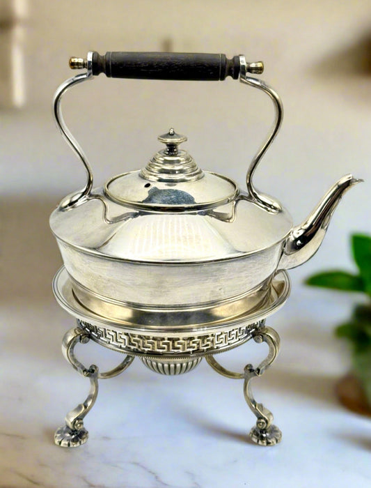 Edwardian Silverplate Teapot on Stand with Burner – Greek Key Design