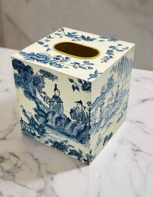 Vintage Metal Chinoiserie Tissue Box Cover – Blue & Cream Scenic Design Toleware