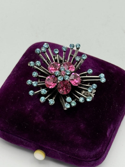 Vintage Sputnik Style Brooch Pink Ice Blue 1.46”