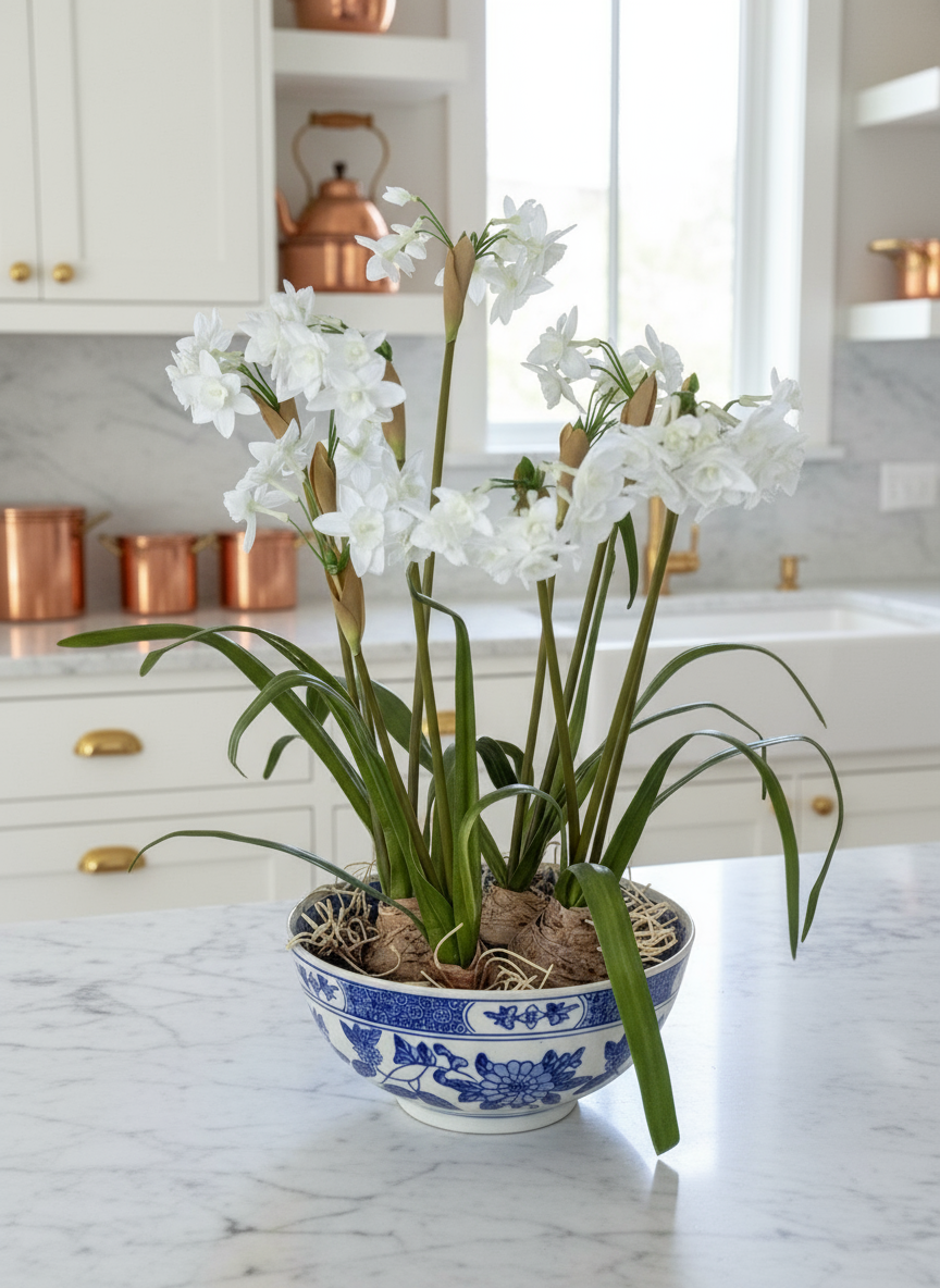 Asian Artificial Narcissus Flower Arrangement 17” Tall Porcelain Bowl Decor