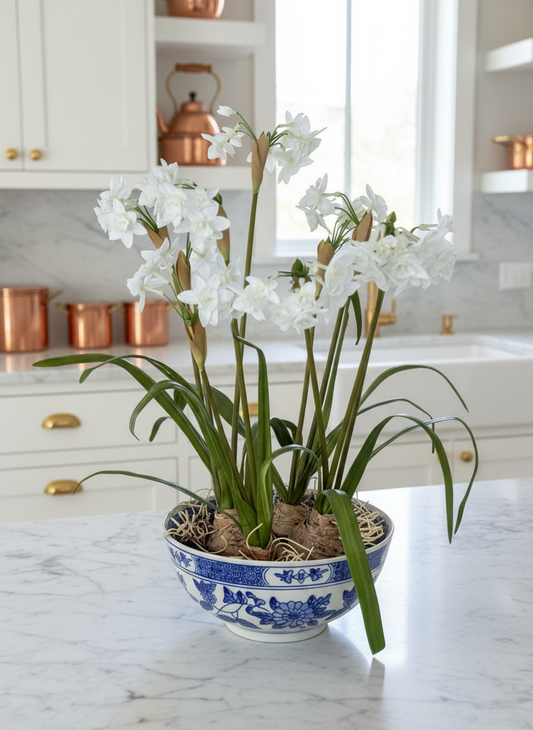 Asian Artificial Narcissus Flower Arrangement 17” Tall Porcelain Bowl Decor